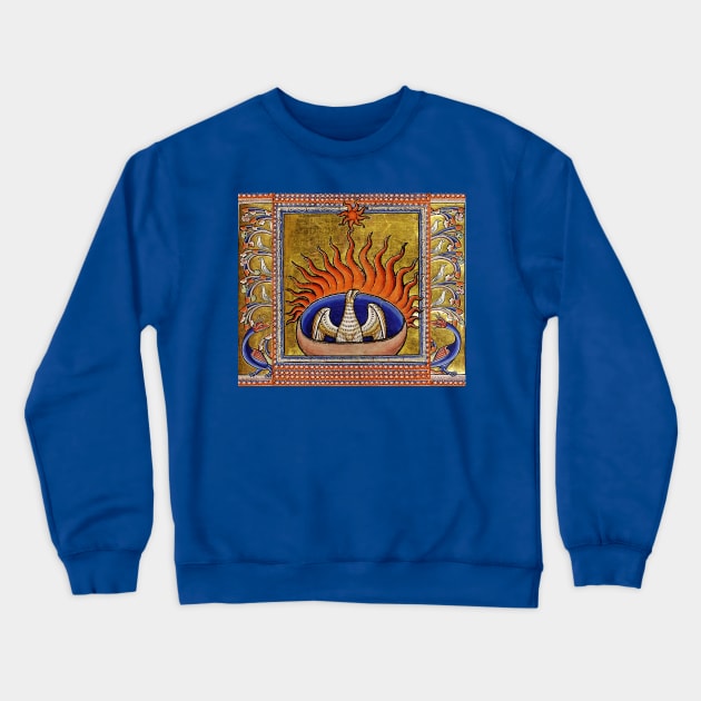 MEDIEVAL BESTIARY,PHOENIX IN RED FLAMES,TREE OF LIFE ,BIRDS,DRAGONS FANTASTIC ANIMALS IN GOLD RED BLUE COLORS Crewneck Sweatshirt by BulganLumini